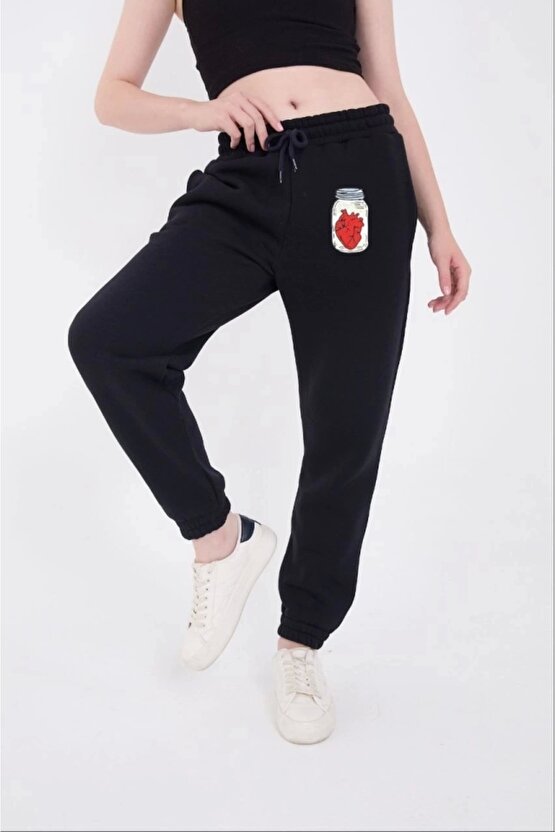 Üç İplik astikli Baskılı Eşofman Pantolon acivert