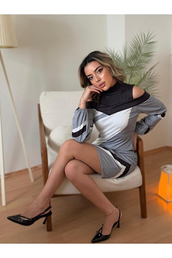 Kadın Uzun Kollu Omuzları Açık Uzun Kollu Balıkçı Yaka Desenli şardonlu Dalgıç Kısa Elbise