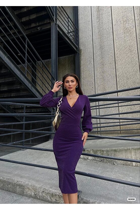 Kadın Kruvaze Yaka Balon Kol imli Krep Kumaş idi Boy Elbise