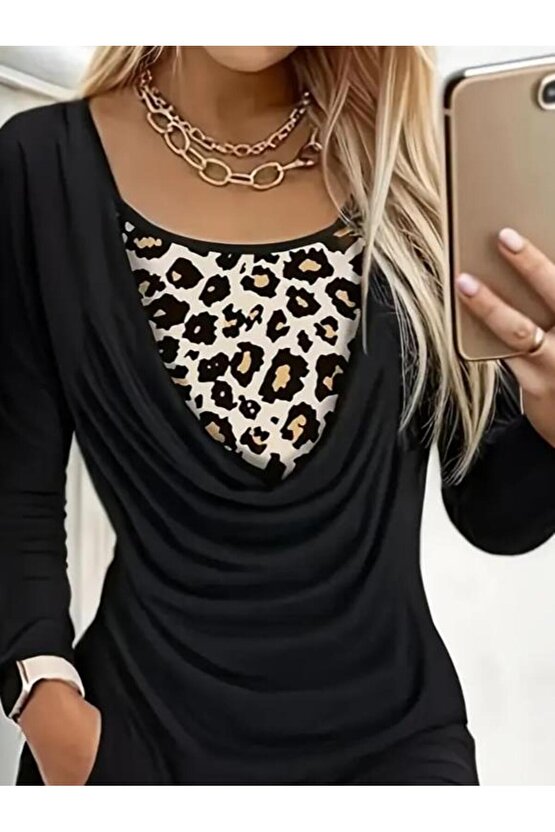 Kadın Uzun Kollu Degaje Yaka Leopar Detaylı Cepli Kısa Sandy Elbise