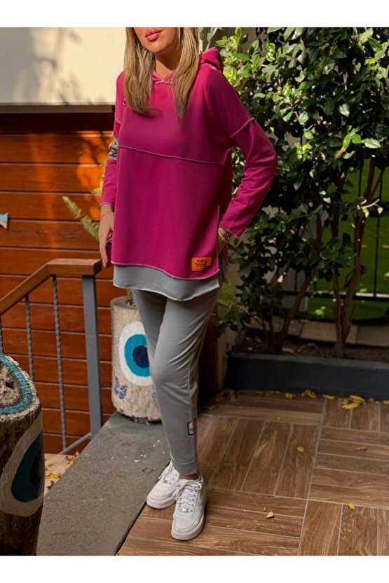 Kadın Pembe Kapşonlu Etek Ucu Detay Arma Ters Dikiş Gorunumlu Ikili Takım