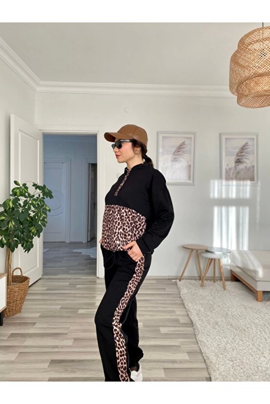 Kadın Uzun Kollu Leopar Detay weat Ve Yanı Leopar şerit Detay Pantolon Ikili Takım