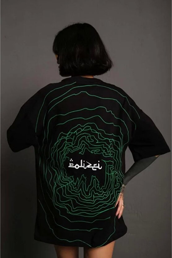 Bisiklet Yakalı ırt Baskılı Oversize Thirt  iyah