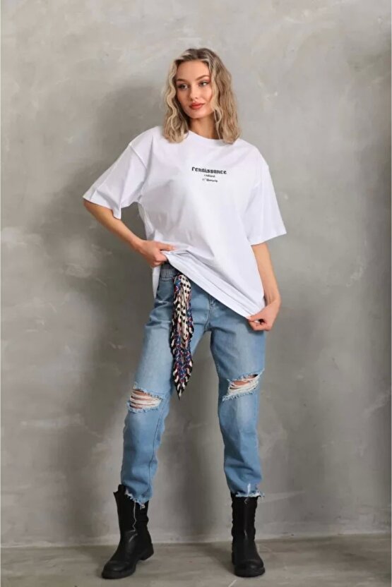 Unisex Baskılı Oversize Thirt  Beyaz