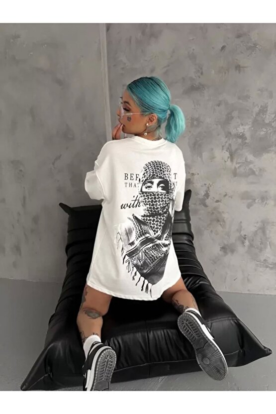 Unisex Baskılı Oversize Thirt Beyaz