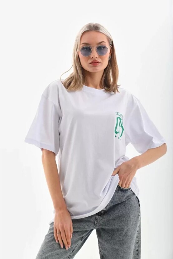 Unisex Baskılı Oversize Thirt  Beyaz