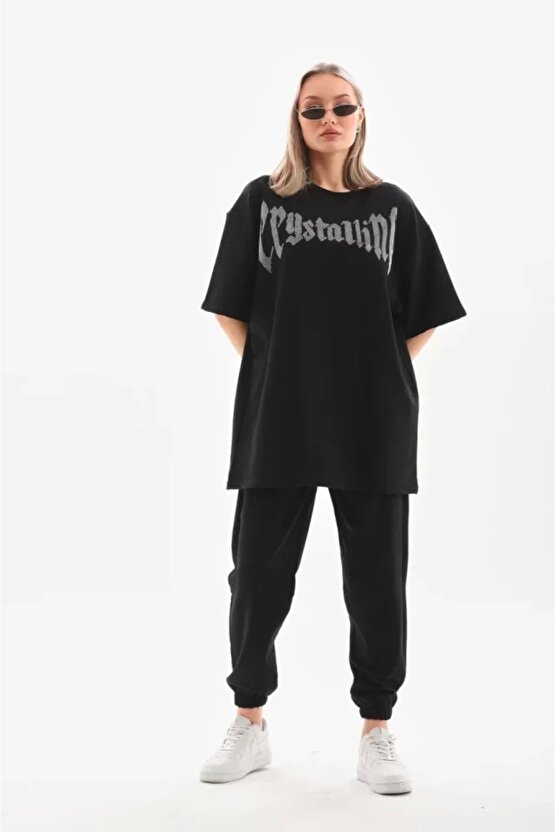 Unisex Taş Desenli Oversize Thirt Beyaz