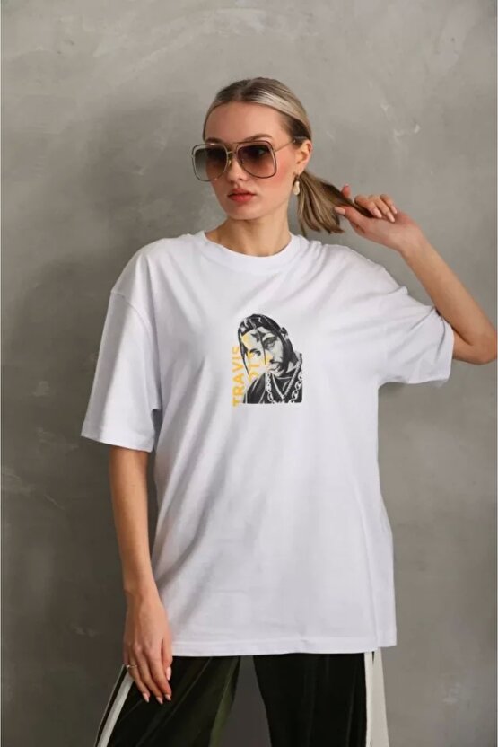 Unisex Baskılı Oversize Thirt  Beyaz