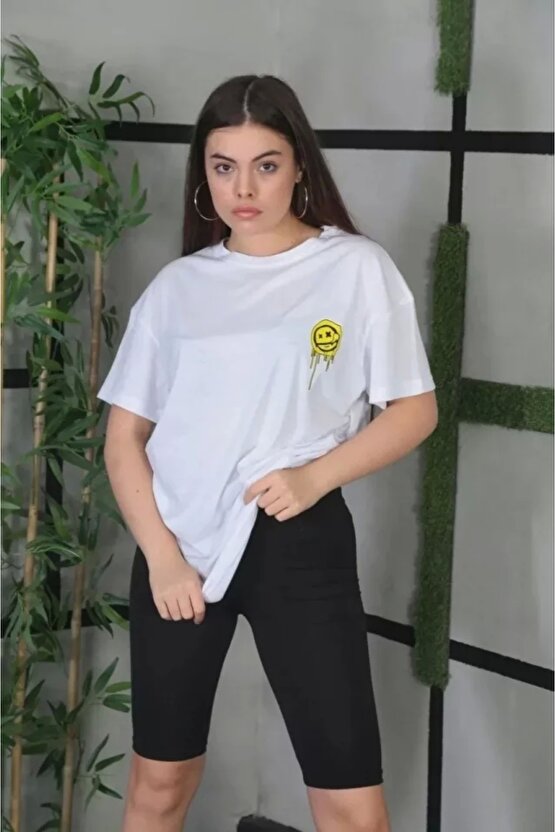 Unisex Bisiklet Yaka Baskılı Oversize Thirt  Beyaz
