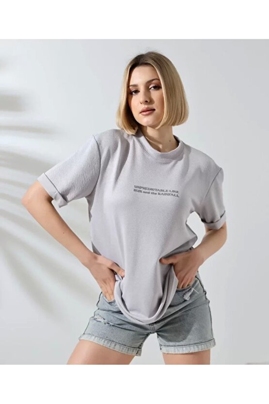 Unisex Bisiklet Yaka Baskılı lim Fit Thirt Boyalı Gri