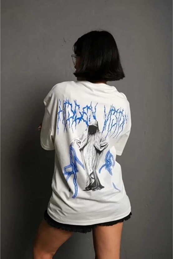 Unisex Bisiklet Yaka Baskılı Oversize Thirt  Beyaz