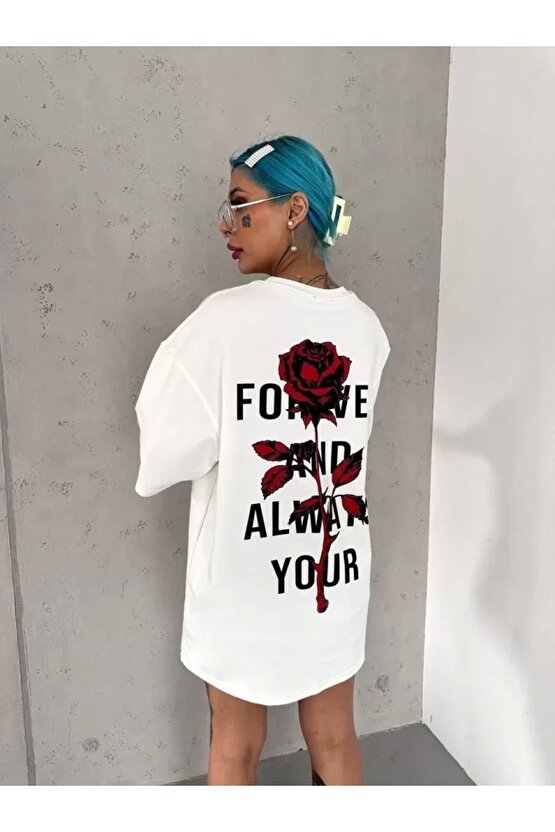 Unisex Bisiklet Yaka Baskılı Oversize Thirt  Beyaz