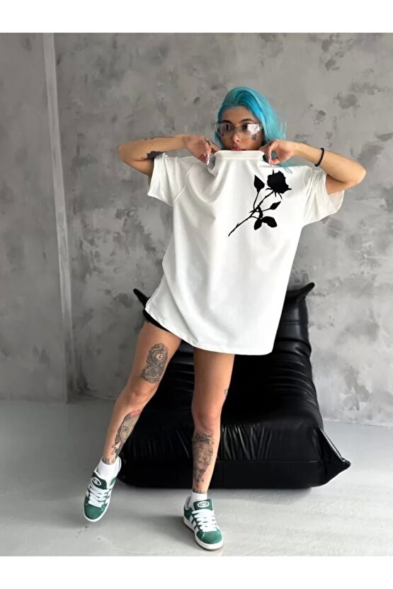 Unisex Bisiklet Yaka Baskılı Oversize Thirt  Beyaz
