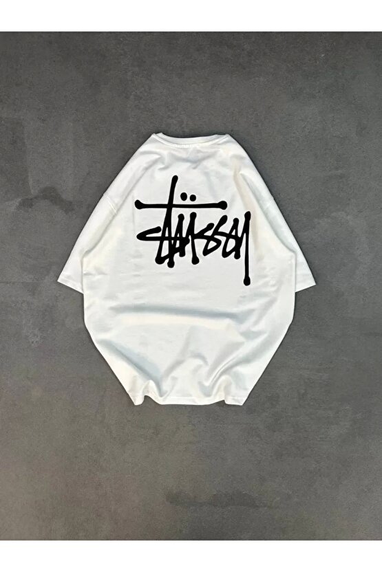 Unisex Bisiklet Yaka Baskılı Oversize Thirt  Beyaz