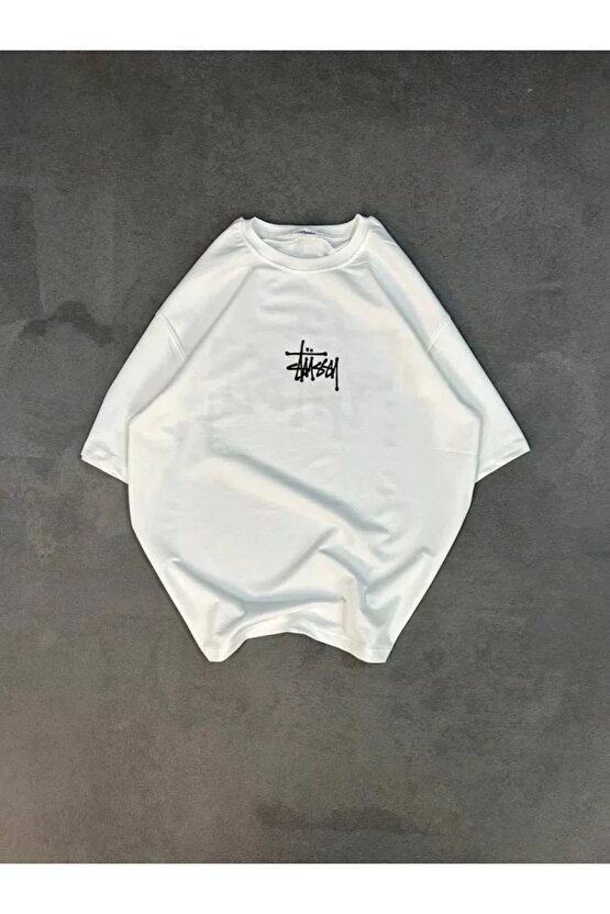 Unisex Bisiklet Yaka Baskılı Oversize Thirt  Beyaz