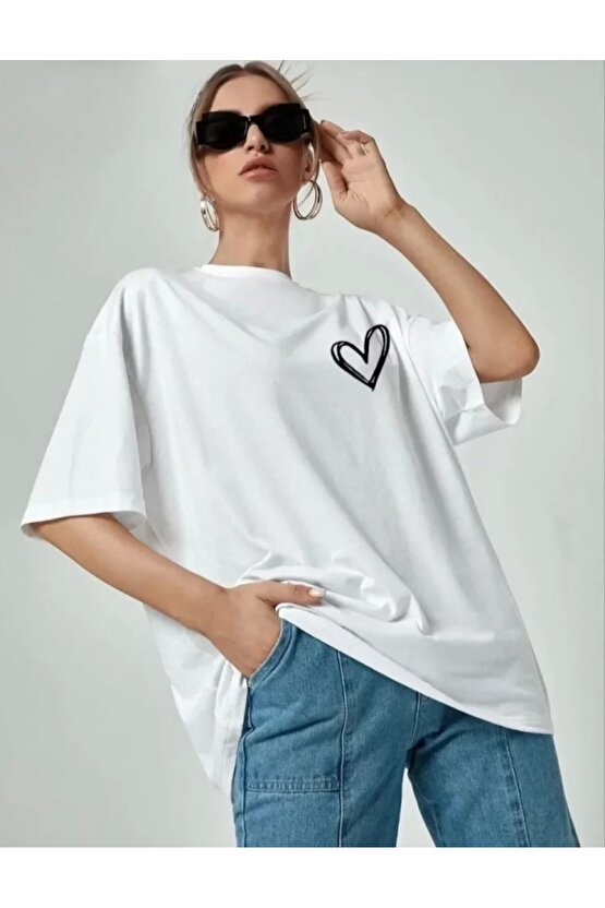 Bisiklet Yaka Baskılı Oversize Thirt  Beyaz