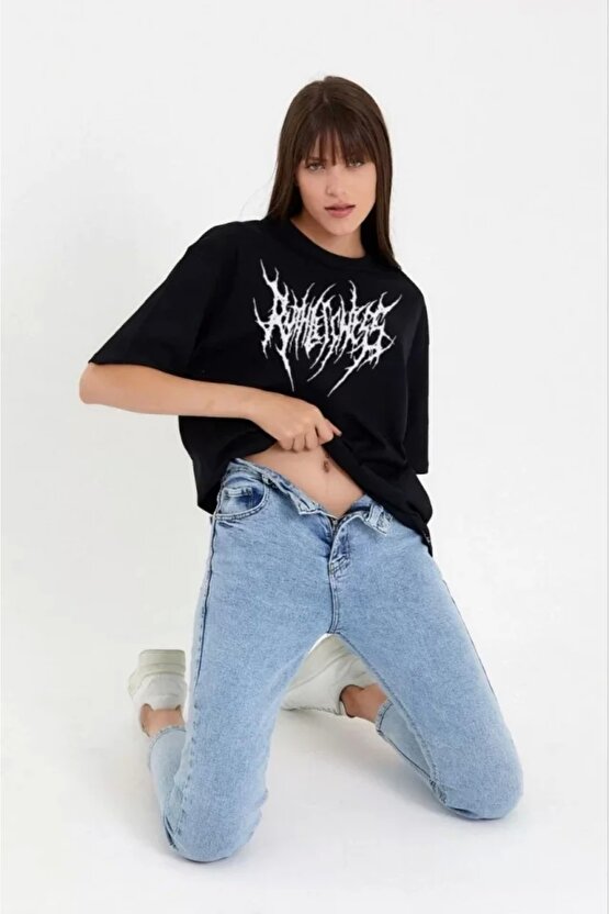 Unisex Bisiklet Yaka Baskılı Oversize Thirt  iyah