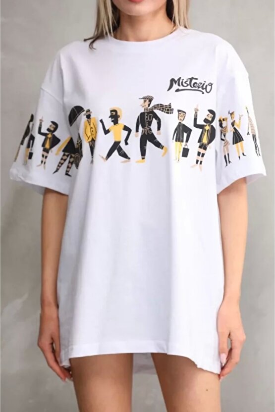 Unisex Bisiklet Yaka Baskılı Oversize Thirt  Beyaz