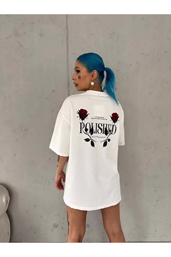 Unisex Bisiklet Yaka Baskılı Oversize Thirt  Beyaz
