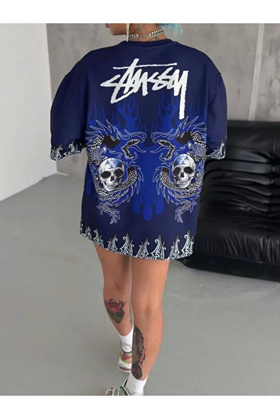 Unisex Bisiklet Yaka Baskılı Oversize Thirt acivert