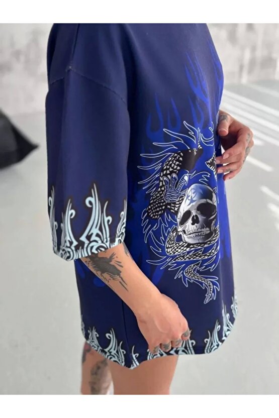 Unisex Bisiklet Yaka Baskılı Oversize Thirt acivert