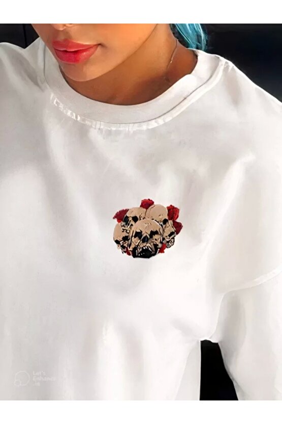 Unisex Bisiklet Yaka Baskılı Oversize Thirt  Beyaz