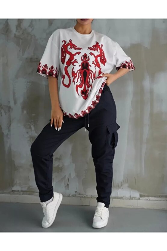 Unisex Bisiklet Yaka Baskılı Oversize Thirt  Beyaz