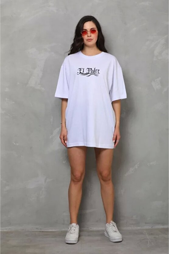 Unisex Bisiklet Yaka Baskılı Oversize Thirt  Beyaz
