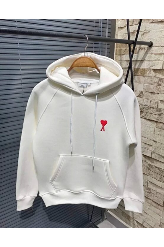 Unisex Kapşonlu Baskılı weetshirt Beyaz