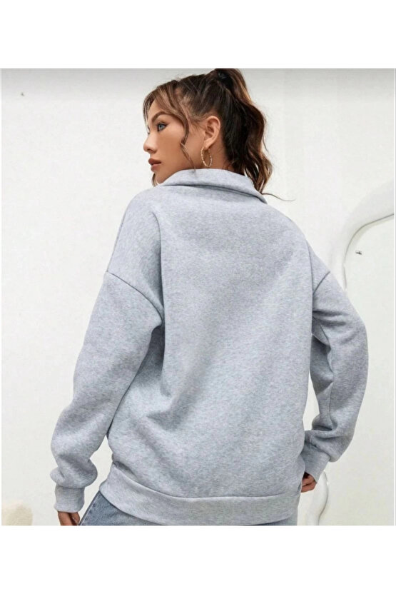 MDB Unisex Uzun Kol Yarım Farmuarlı Yakalı Basic weathirt Gri