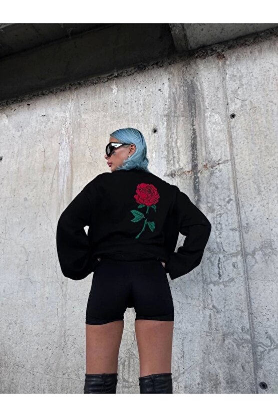 Oversize Üç İplik Bisiklet Yaka Baskılı weathirt iyah