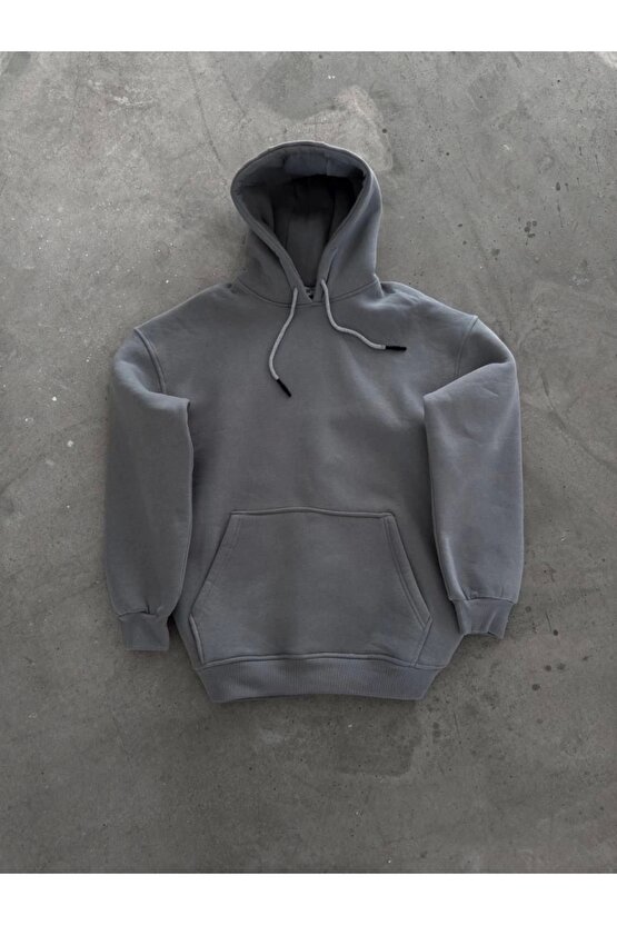 Kapşonlu Üç İplik Penye Basic weathirt Boyalı Gri