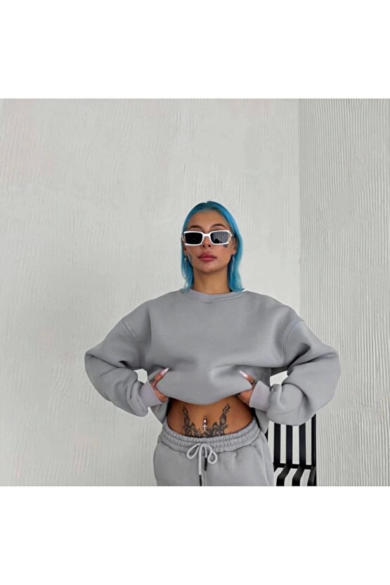 Kışlık Bisiklet Yaka Üç İplik Basic weathirt Gri