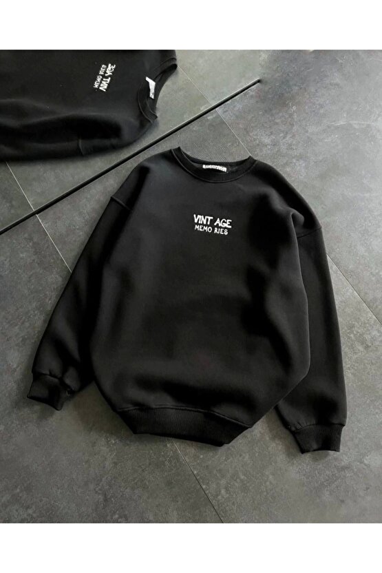 Bisiklet Yaka Üç İplik Baskılı Oversize weathirt iyah