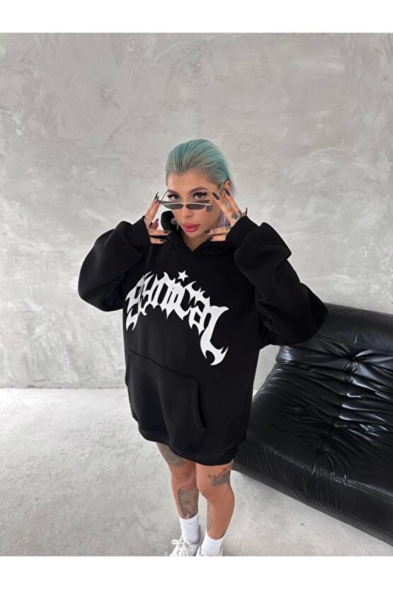 Unisex Üç İplik Kapşonlu Baskılı weathirt iyah