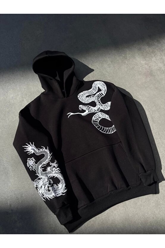 Uzun Kol Kapşonlu Baskılı weathirt iyah