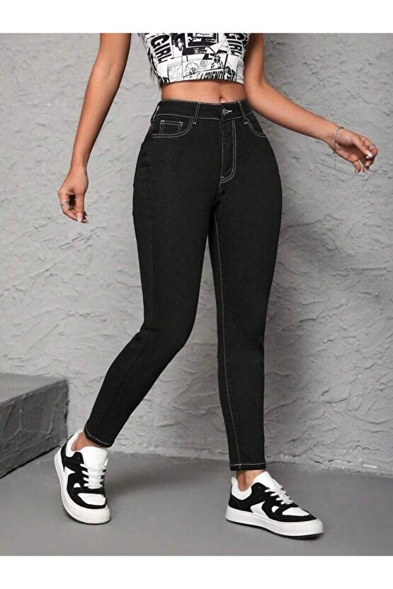 Kadın Yüksek Bel önden Düğmeli Dar Kesim Kot Pantolon