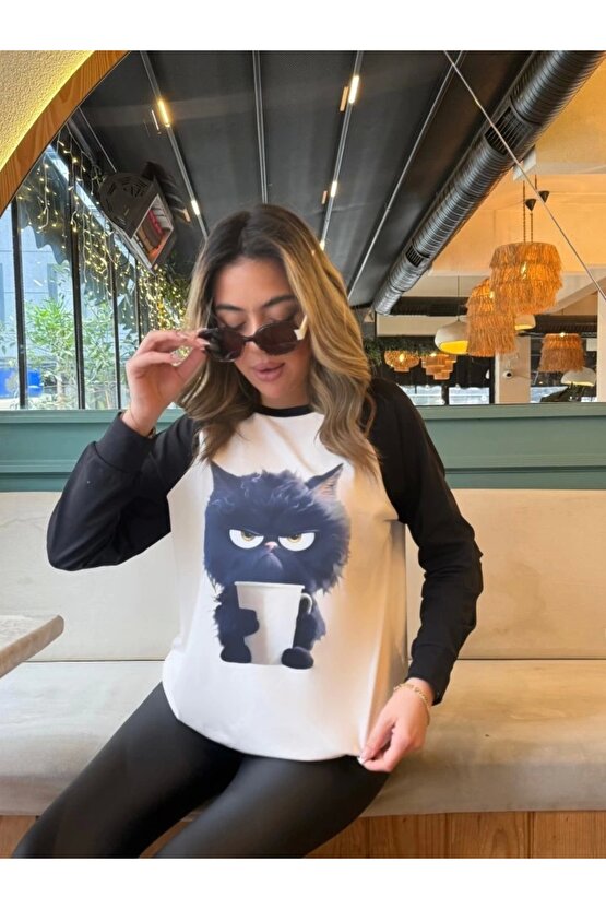 Kadın Uzun Kollu Bisiklet Yaka Kedi Baskılı şardonlu Dalgıç Bluz