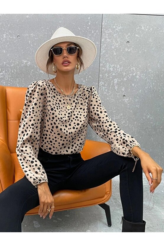 Kadın Uzun Kollu Bisiklet Yaka Desenli Bluz