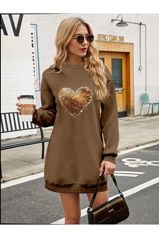 Kadın Uzun Kollu Bisiklet Yaka Kalp Desenli Viskon Iki Iplik Bluz