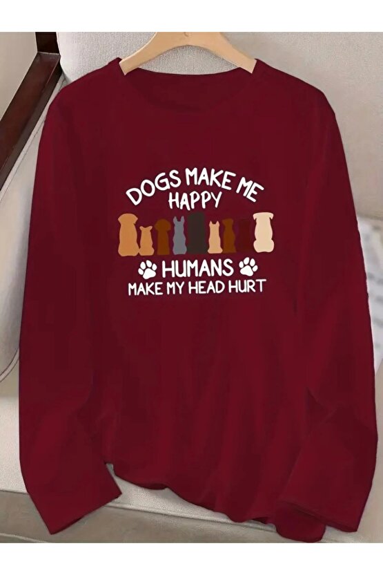 Kadın Uzun Kollu Bisiklet Yaka Köpek Resimli Viskon Bluz