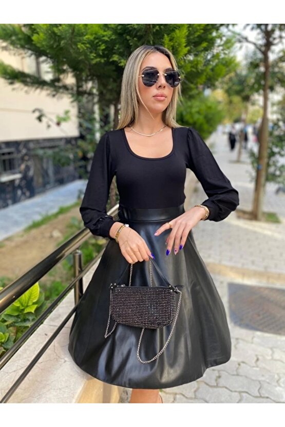 Kadın Uzun Kollu üst Viskon Alt Kloş Deri Elbise