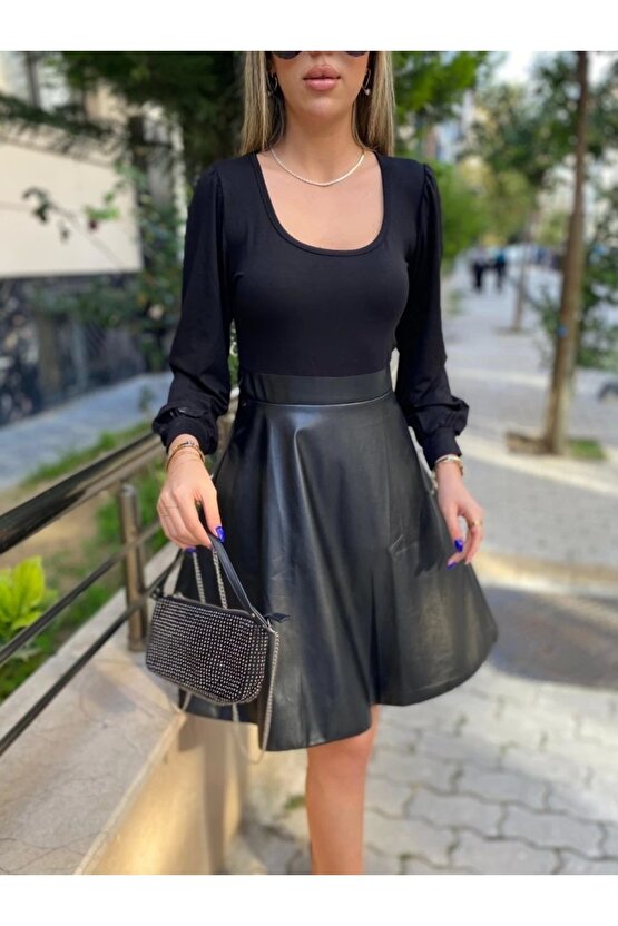 Kadın Uzun Kollu üst Viskon Alt Kloş Deri Elbise