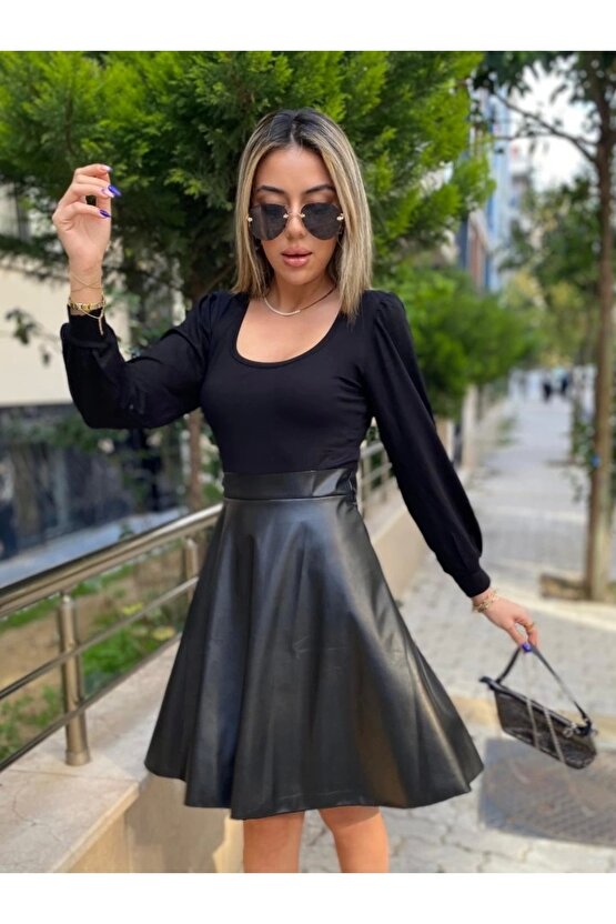 Kadın Uzun Kollu üst Viskon Alt Kloş Deri Elbise