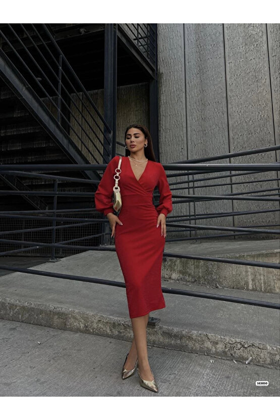 MDB Kadın Kruvaze Yaka Balon Kol imli Krep Kumaş idi Boy Elbise