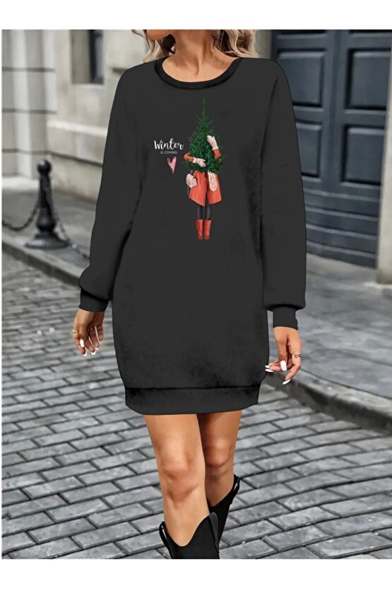 Kadın Uzun Kollu Bisiklet Yaka Desenli Kısa Viskon Iki Iplik Elbise