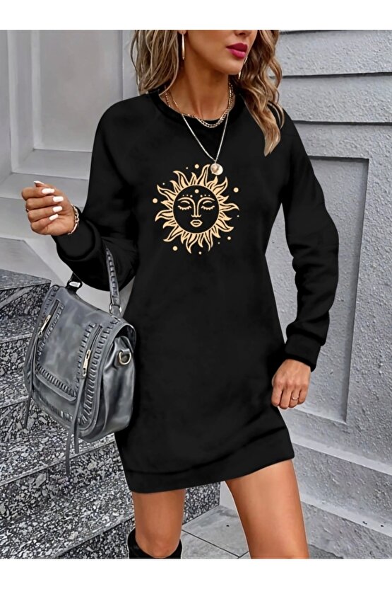 Kadın Uzun Kollu Bisiklet Yaka Güneş Desenli Viskon Iki Iplik Elbise