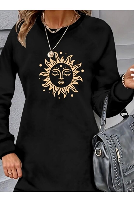 Kadın Uzun Kollu Bisiklet Yaka Güneş Desenli Viskon Iki Iplik Elbise