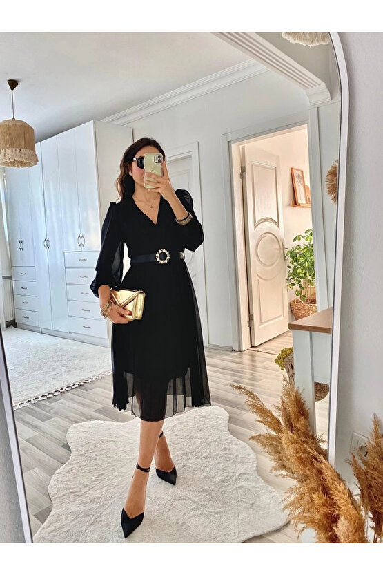 MDB Kadın şifon Kumaş Astalı Kloş Kesim Kruvaze Yaka idi Boy Elbise