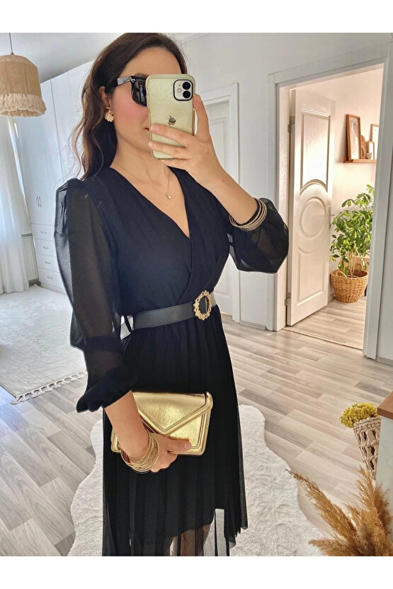 MDB Kadın şifon Kumaş Astalı Kloş Kesim Kruvaze Yaka idi Boy Elbise